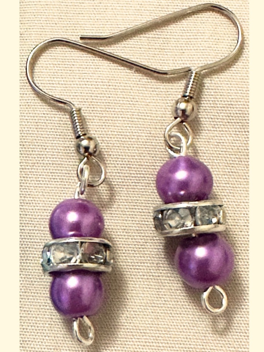 Handmade Purple Faux Pearl Earrings Rhinestone Silver Tone Stainless Steel Hooks